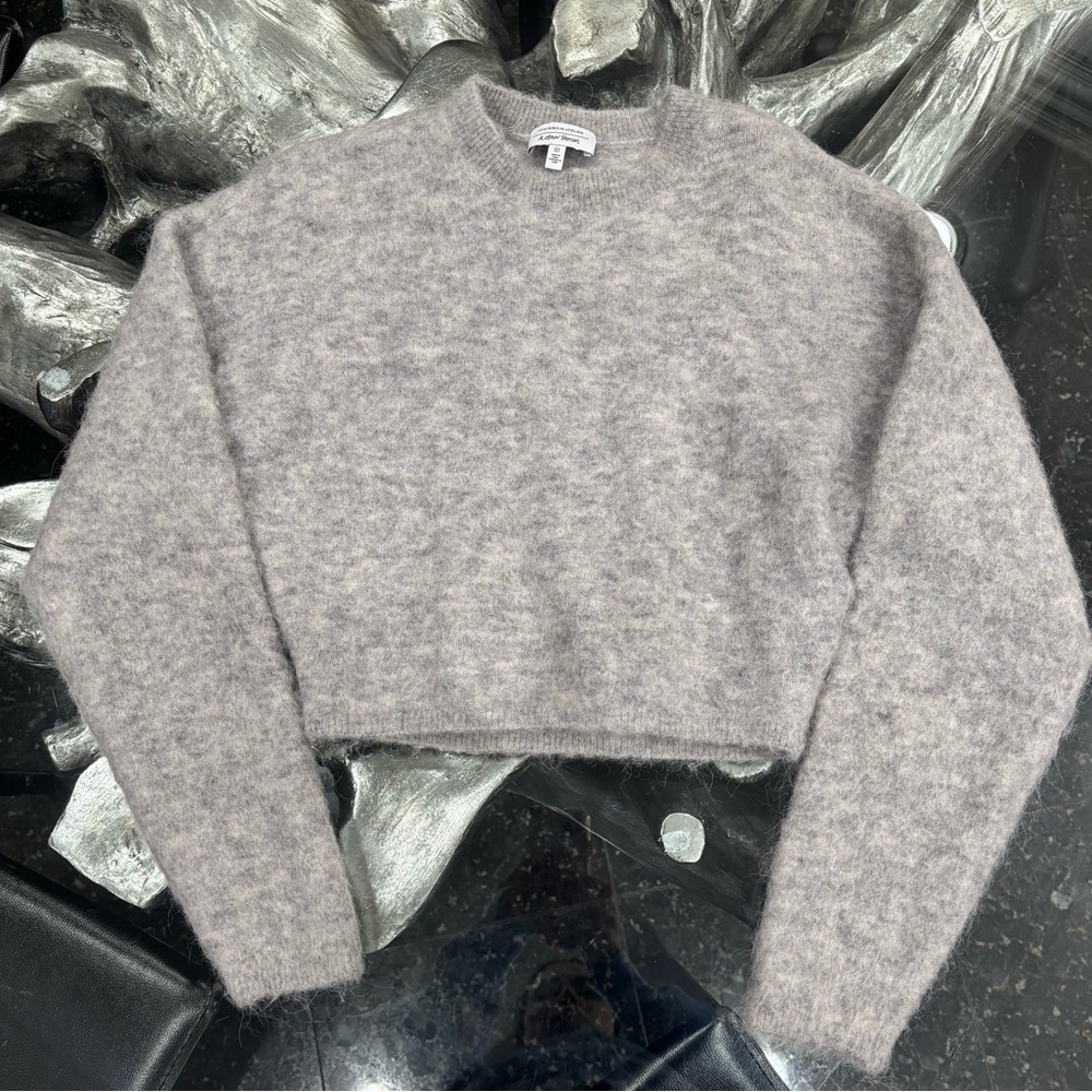 & Other Stories Fuzzy Cropped Sweater Wool Blend Greige Crewneck Minimalist XS/S